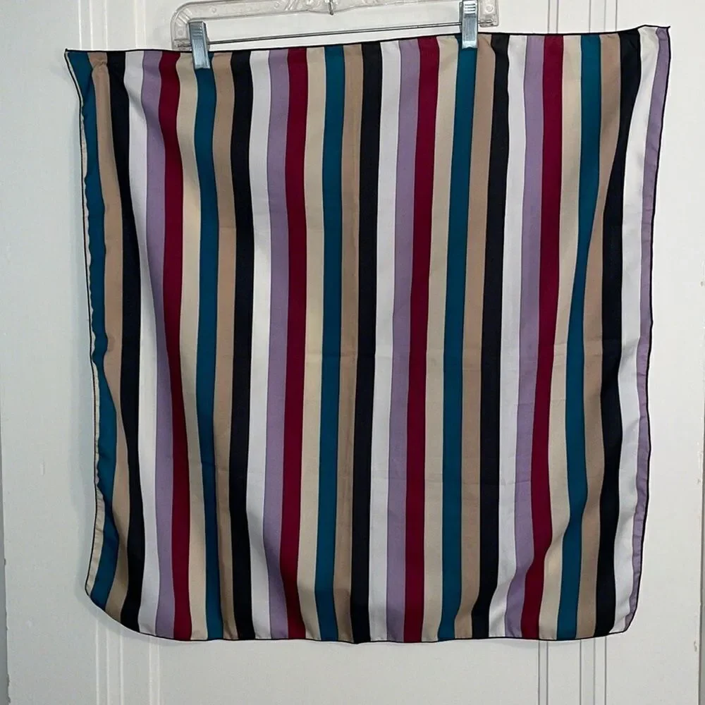 Vtg 70s/80s green,tan, black, white, lavender & maroon striped‎ polyester scarf